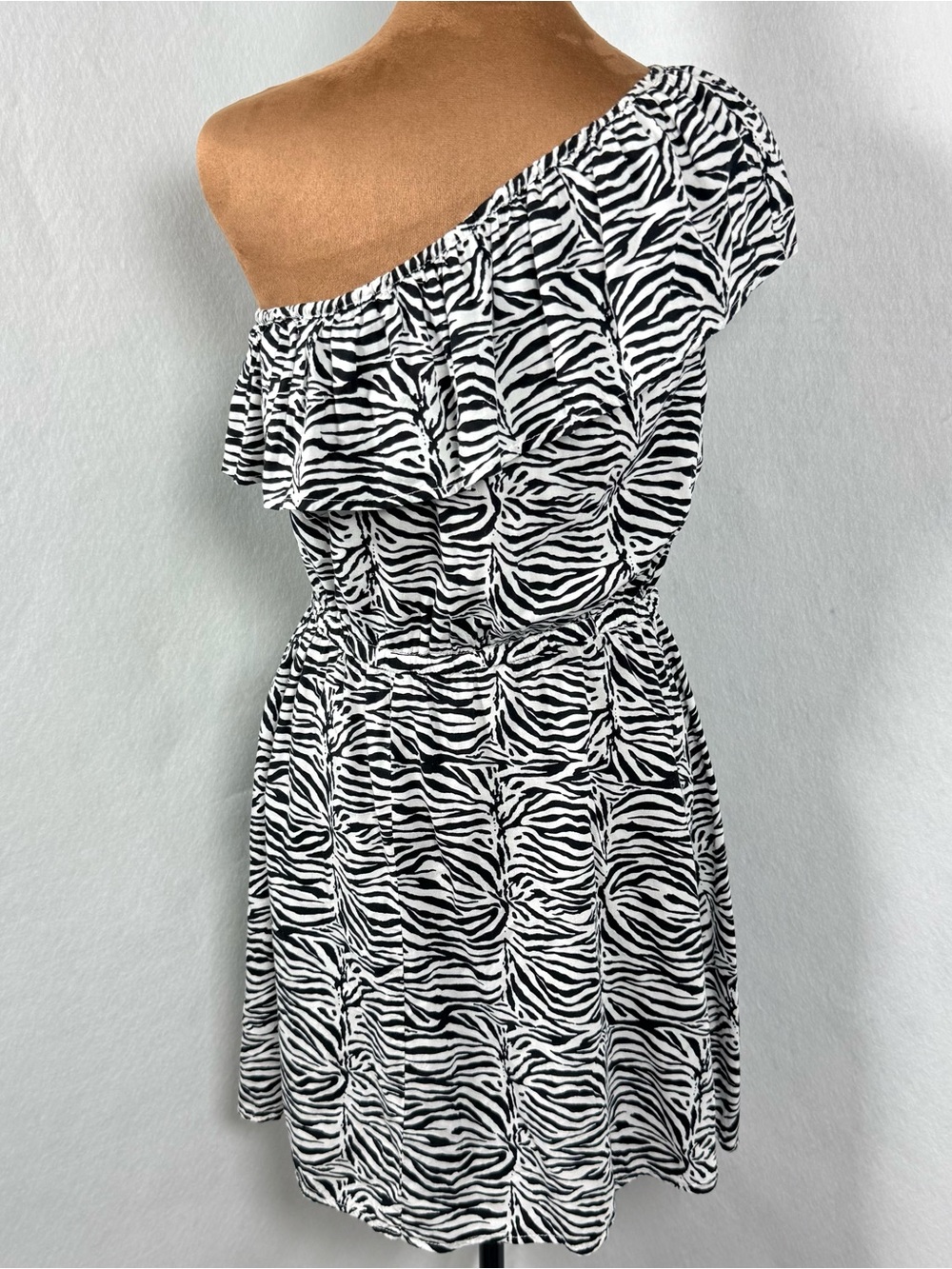 Cotton On Zebra Print One Shoulder Mini Dress Ruffle Animal Print Size L - Picture 8 of 12